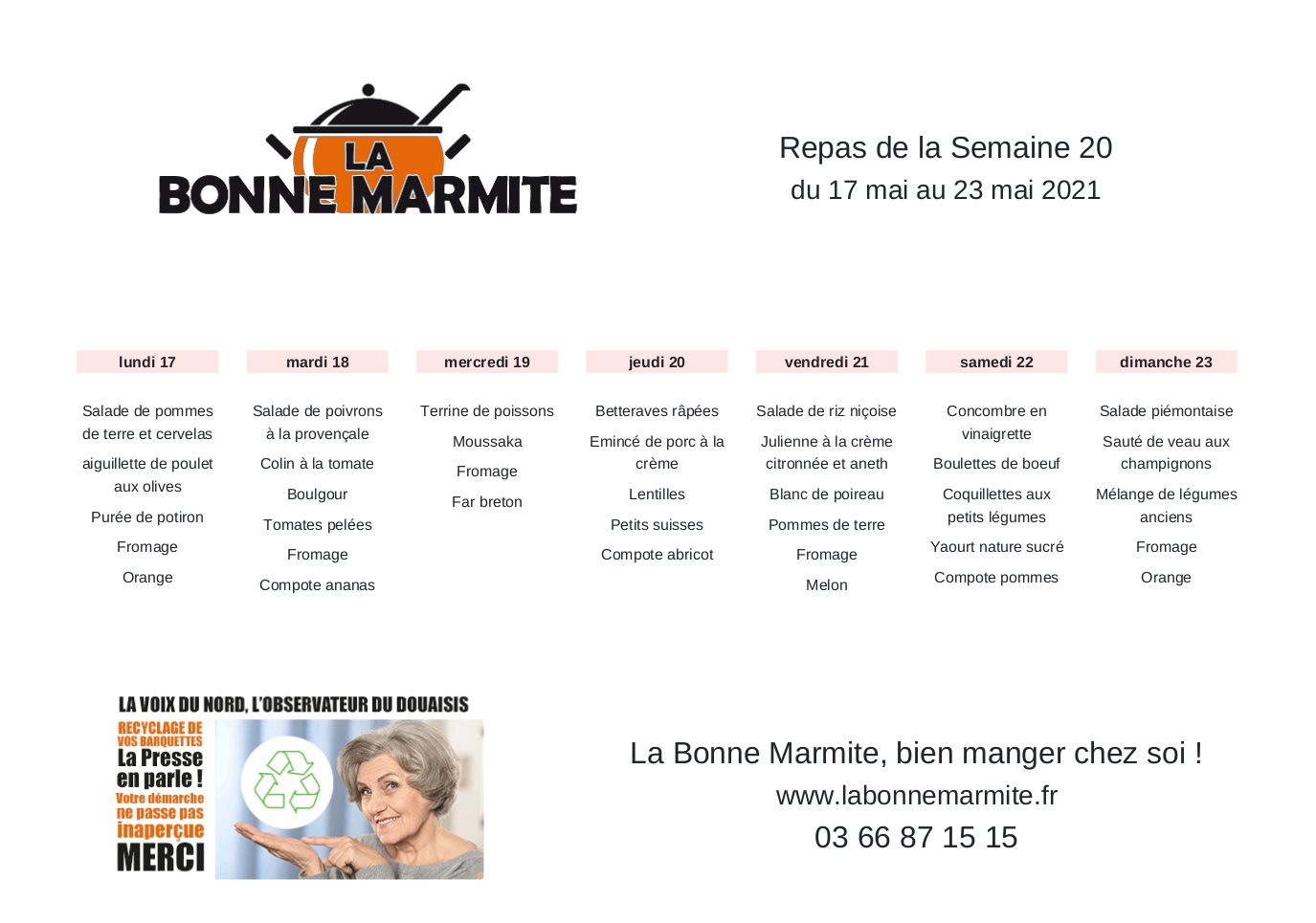 Exemple de menu de la semaine